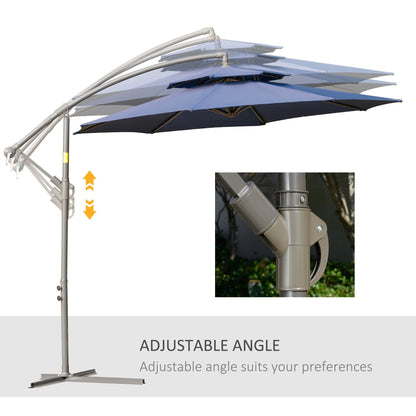 Parasol déporté Outsunny 9' à 2 niveaux avec manivelle, base croisée et 8 baleines, parasol de jardin déporté pour terrasse