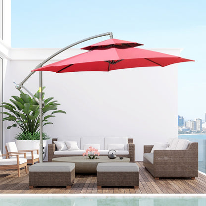 Parasol déporté Outsunny 9' à 2 niveaux avec manivelle, base croisée et 8 baleines, parasol de jardin déporté pour terrasse