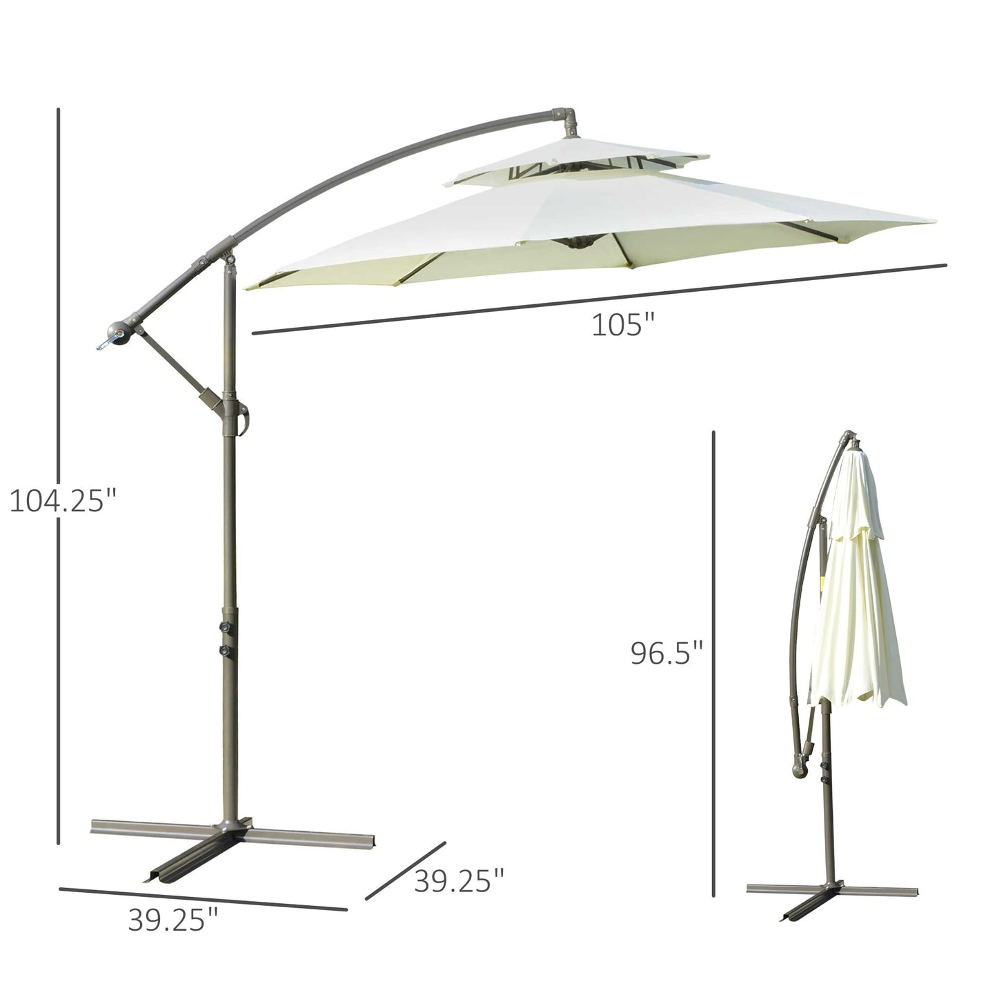 Parasol déporté Outsunny 9' à 2 niveaux avec manivelle, base croisée et 8 baleines, parasol de jardin déporté pour terrasse