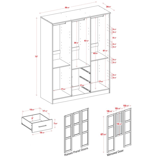 Armoire penderie 3 portes Cosmo 100 % bois massif de Palace Imports avec portes en bois massif ou en miroir