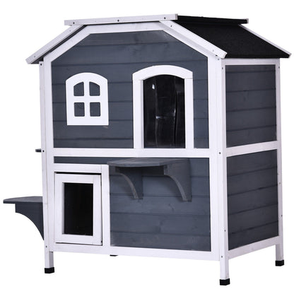 Maison pour chat d'extérieur PawHut en bois de sapin à deux étages, abri pour chats sauvages en bois avec toit en asphalte ouvrable pour intérieur/extérieur, blanc/gris