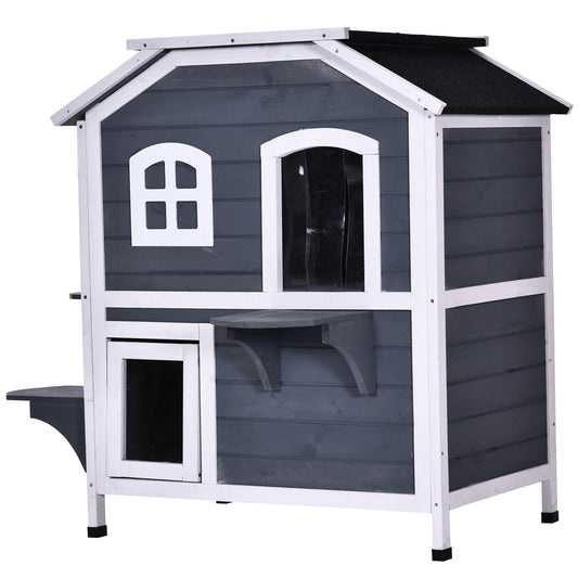 Maison pour chat d'extérieur PawHut en bois de sapin à deux étages, abri pour chats sauvages en bois avec toit en asphalte ouvrable pour intérieur/extérieur, blanc/gris