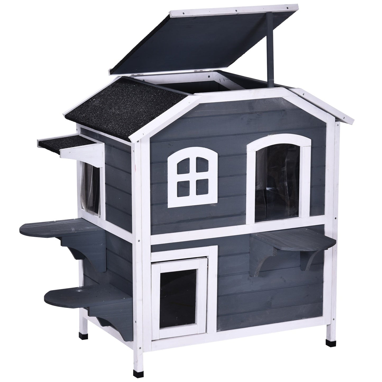 Maison pour chat d'extérieur PawHut en bois de sapin à deux étages, abri pour chats sauvages en bois avec toit en asphalte ouvrable pour intérieur/extérieur, blanc/gris