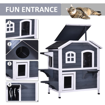 Maison pour chat d'extérieur PawHut en bois de sapin à deux étages, abri pour chats sauvages en bois avec toit en asphalte ouvrable pour intérieur/extérieur, blanc/gris