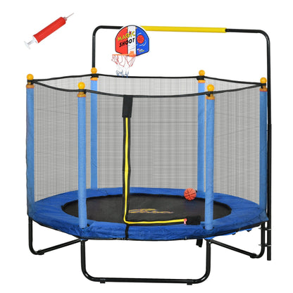 Trampoline Qaba pour enfants de 4,6 pi avec panier de basket, barre horizontale et trampoline d'intérieur de 55 po avec filet