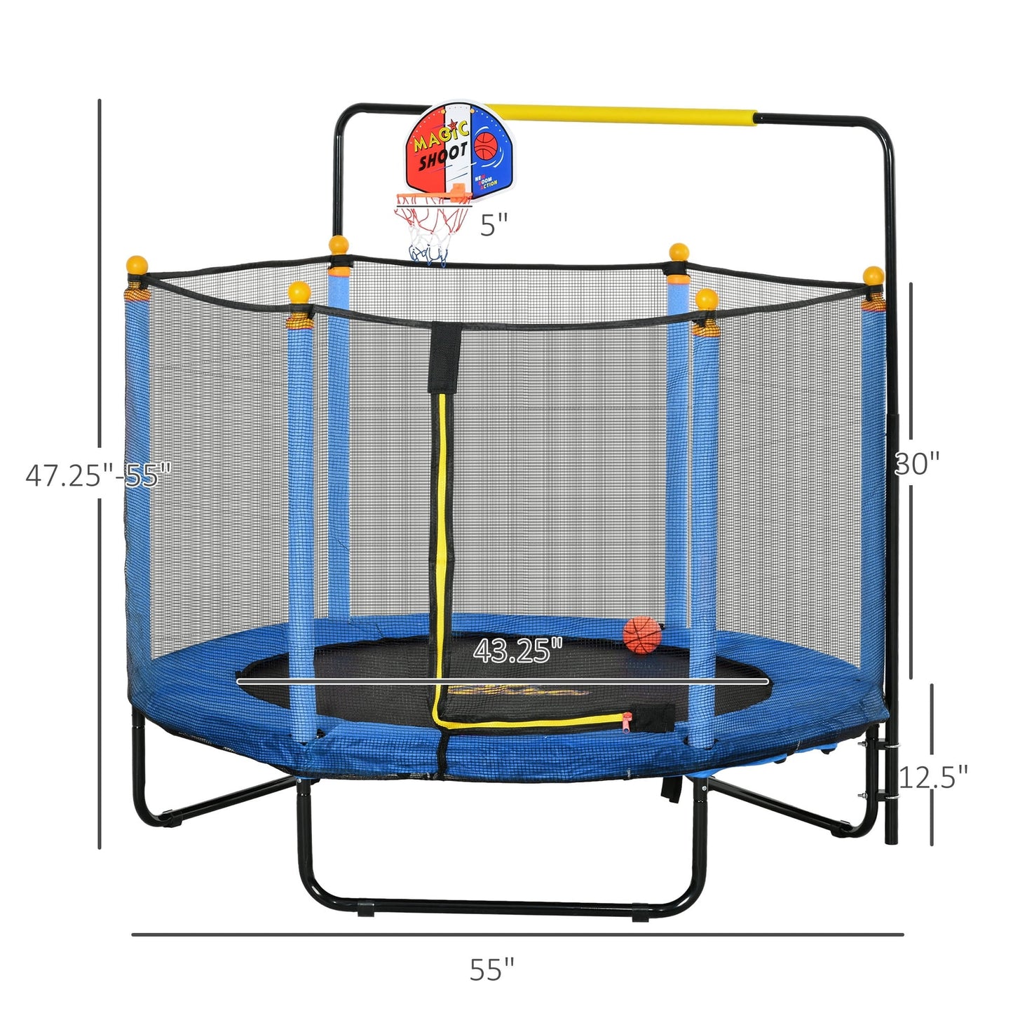 Trampoline Qaba pour enfants de 4,6 pi avec panier de basket, barre horizontale et trampoline d'intérieur de 55 po avec filet