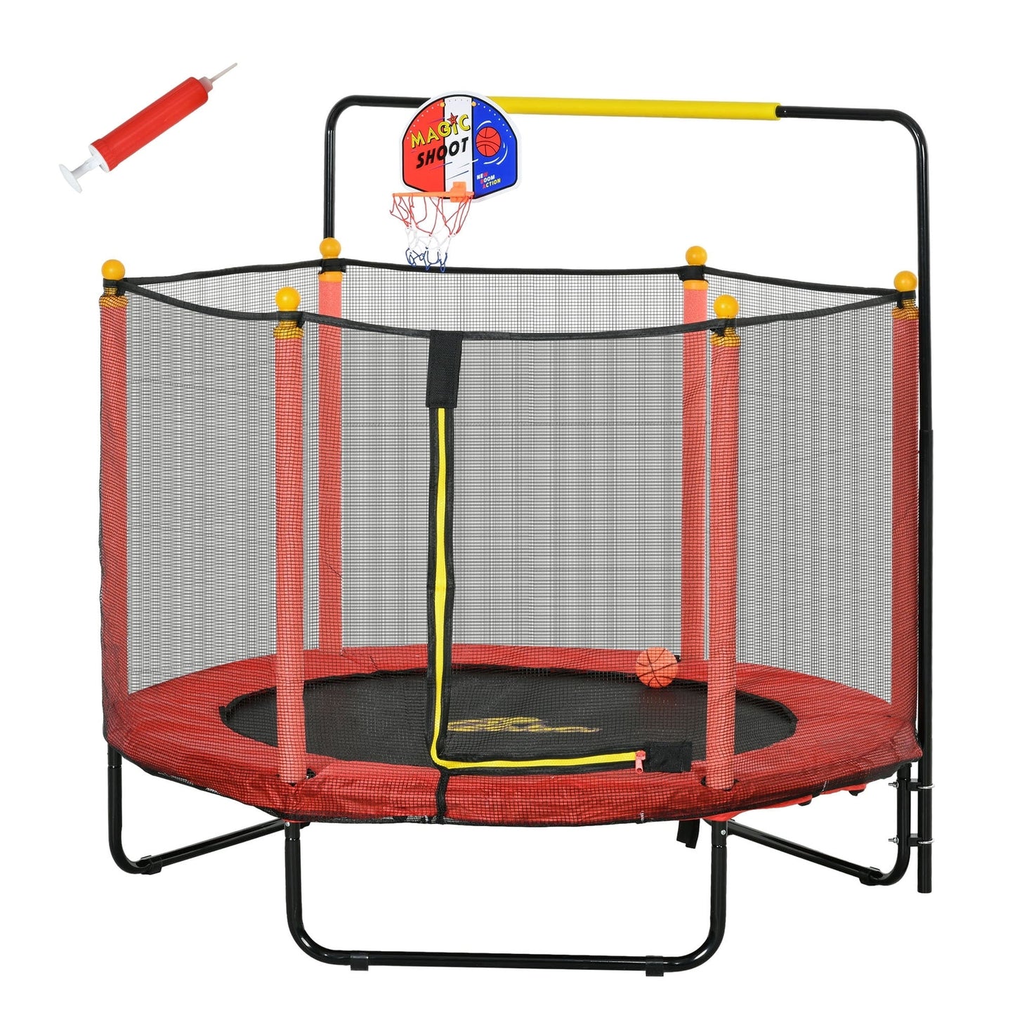 Trampoline Qaba pour enfants de 4,6 pi avec panier de basket, barre horizontale et trampoline d'intérieur de 55 po avec filet