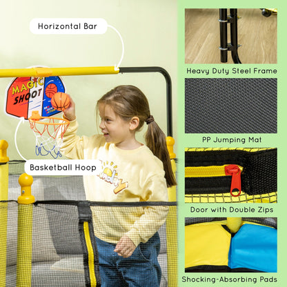 Trampoline Qaba pour enfants de 4,6 pi avec panier de basket, barre horizontale et trampoline d'intérieur de 55 po avec filet