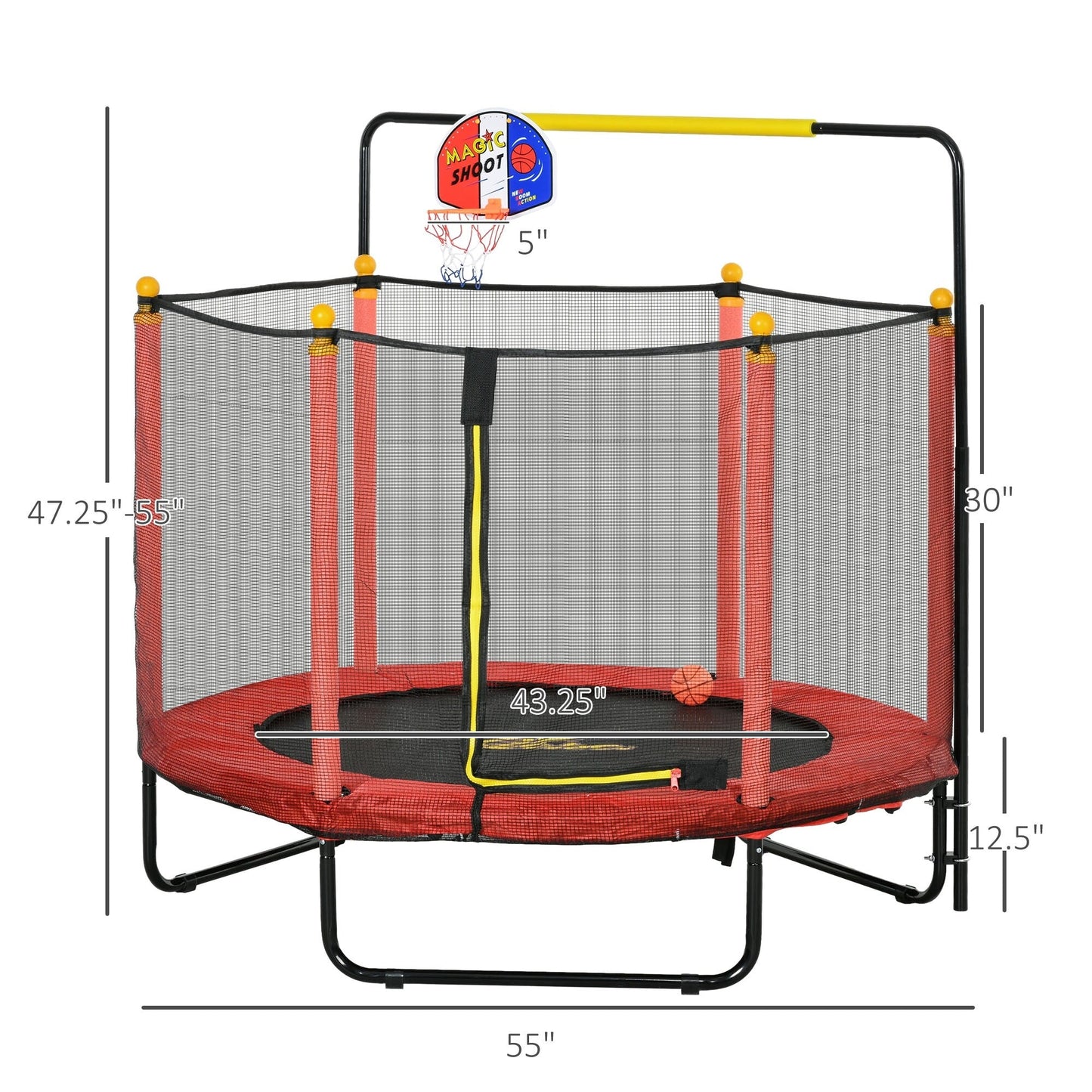 Trampoline Qaba pour enfants de 4,6 pi avec panier de basket, barre horizontale et trampoline d'intérieur de 55 po avec filet