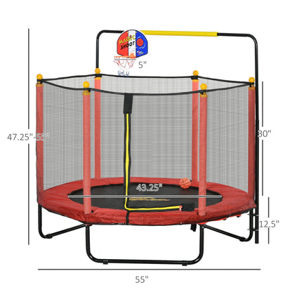 Trampoline Qaba pour enfants de 4,6 pi avec panier de basket, barre horizontale et trampoline d'intérieur de 55 po avec filet
