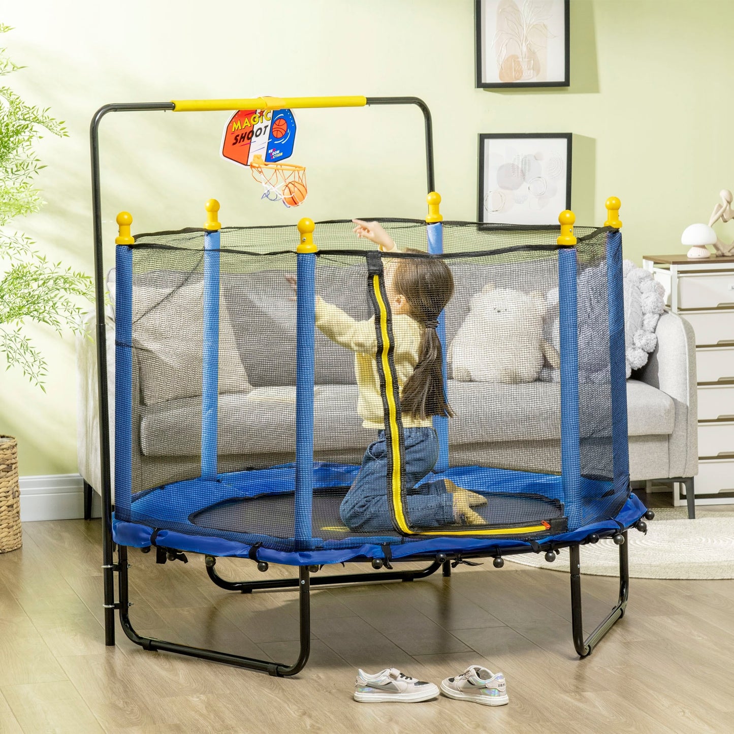 Trampoline Qaba pour enfants de 4,6 pi avec panier de basket, barre horizontale et trampoline d'intérieur de 55 po avec filet