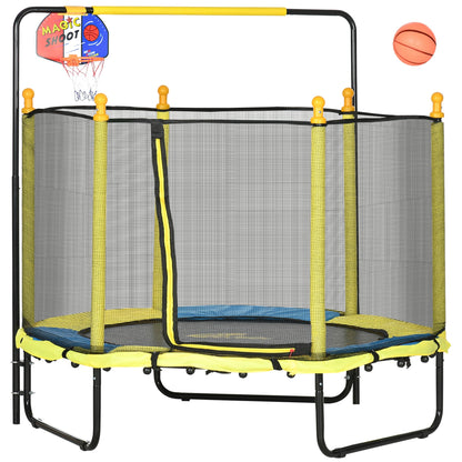 Trampoline Qaba pour enfants de 4,6 pi avec panier de basket, barre horizontale et trampoline d'intérieur de 55 po avec filet