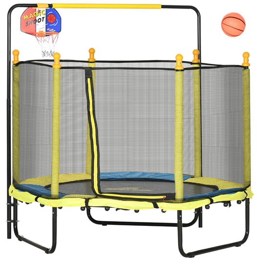 Trampoline Qaba pour enfants de 4,6 pi avec panier de basket, barre horizontale et trampoline d'intérieur de 55 po avec filet