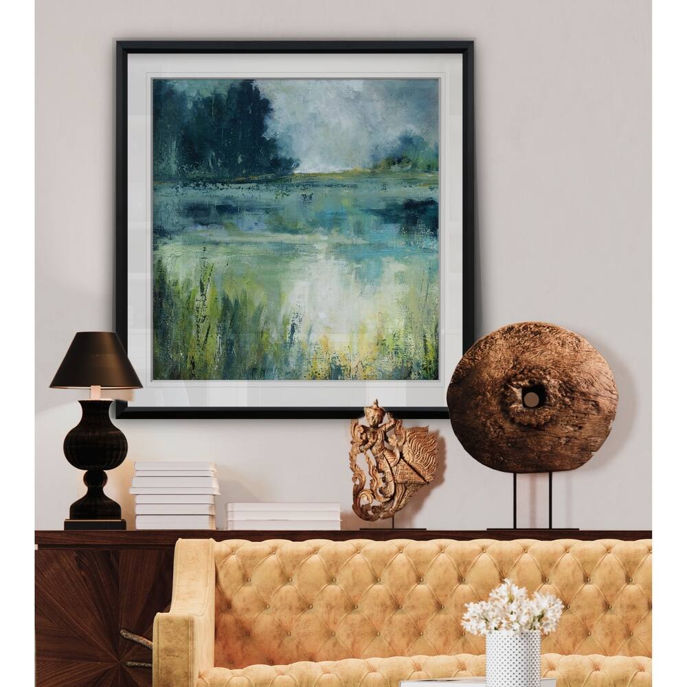 Reflections Edge - Impression encadrée personnalisée - bleu, blanc, gris, jaune, vert, argent, or