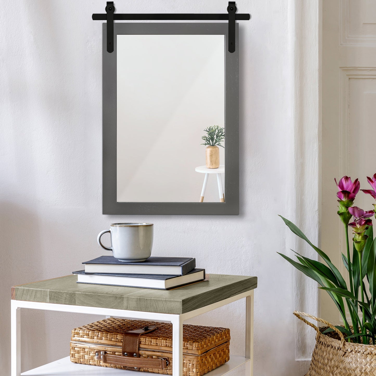 Miroir de ferme rustique Miroir de courtoisie Cadre en bois massif avec miroir de style grange en métal