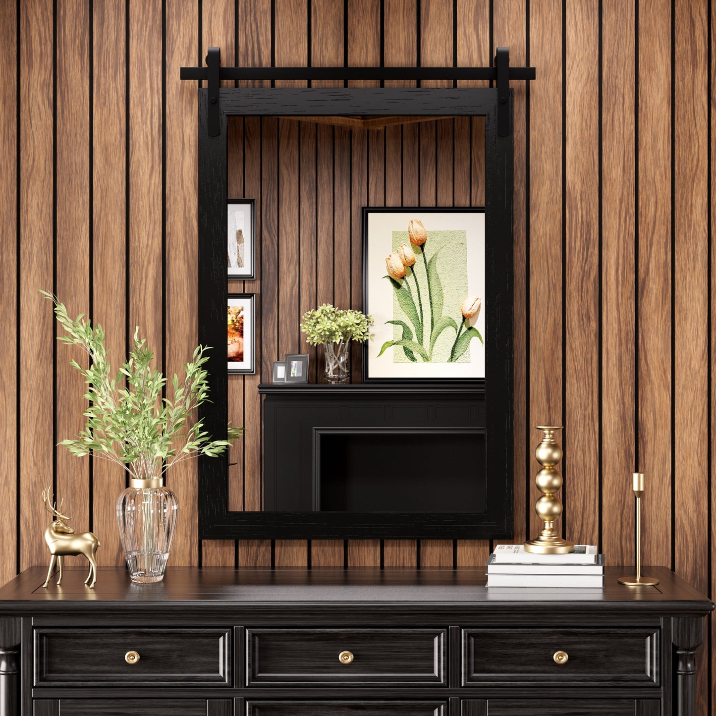 Miroir de ferme rustique Miroir de courtoisie Cadre en bois massif avec miroir de style grange en métal