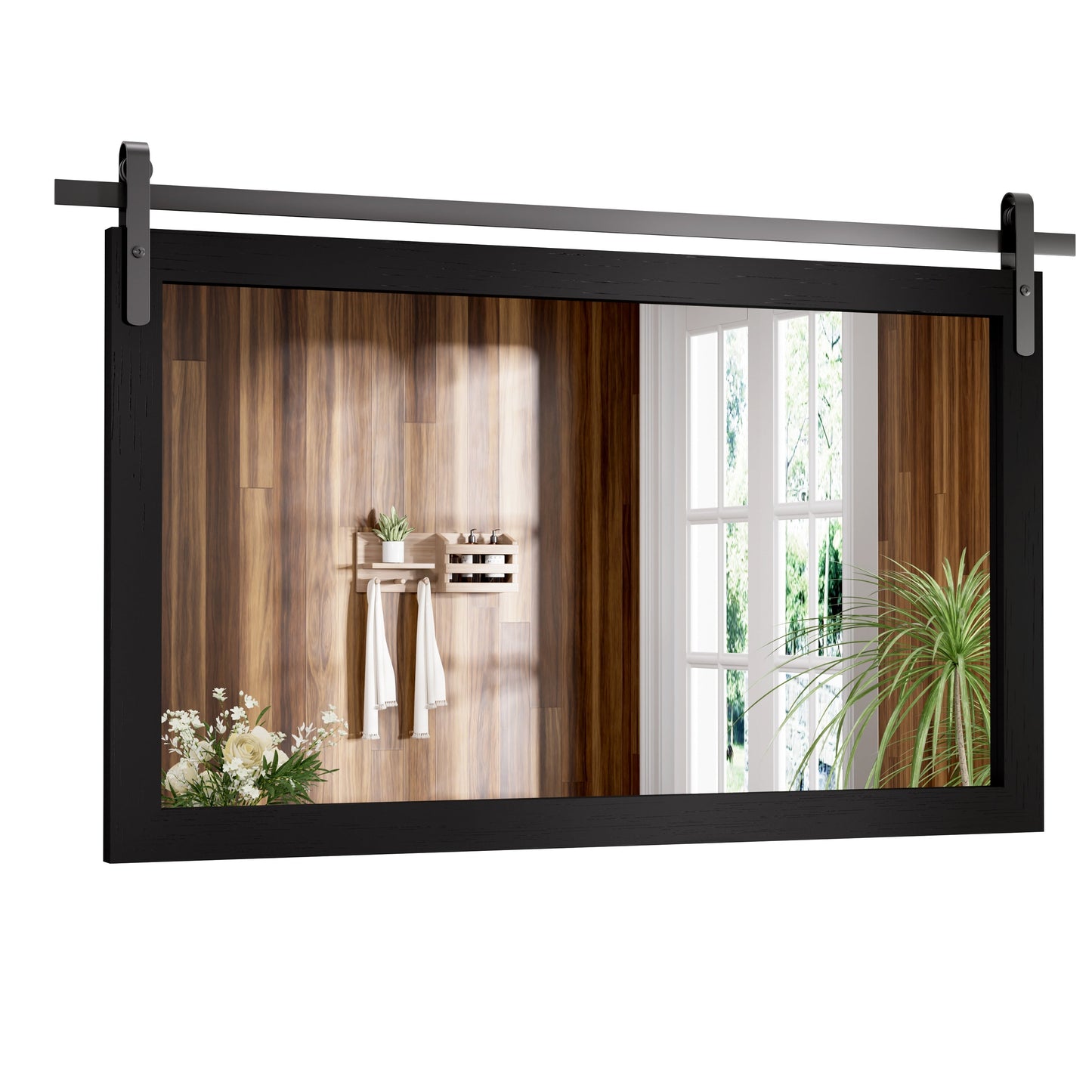 Miroir de ferme rustique Miroir de courtoisie Cadre en bois massif avec miroir de style grange en métal