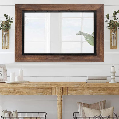 Miroir de salle de bain mural rustique en bois et fer encastré
