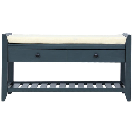 Étagère à chaussures avec assise rembourrée et tiroirs, banc de rangement polyvalent, bleu marine antique - 39 L x 14 l x 19,8 H