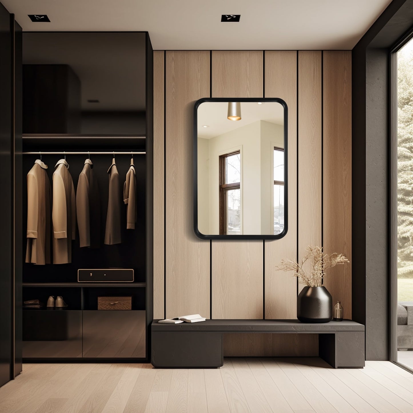 Miroir mural rectangulaire d'angle rond avec cadre en bois massif