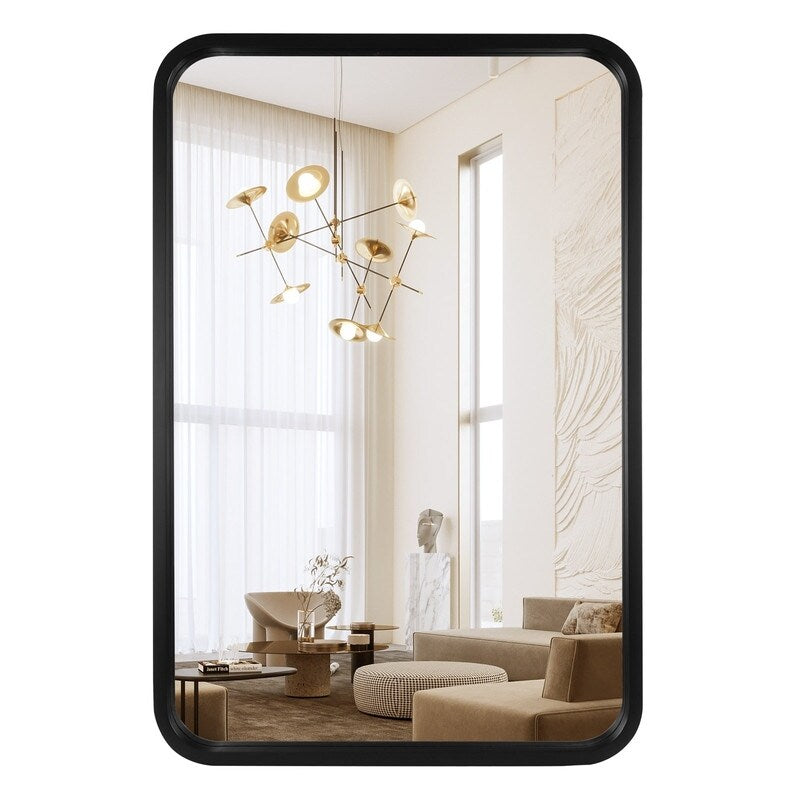 Miroir mural rectangulaire d'angle rond avec cadre en bois massif