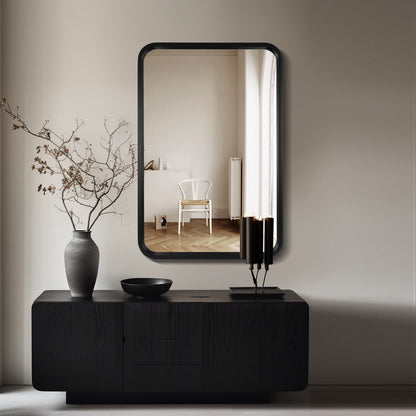 Miroir mural rectangulaire d'angle rond avec cadre en bois massif