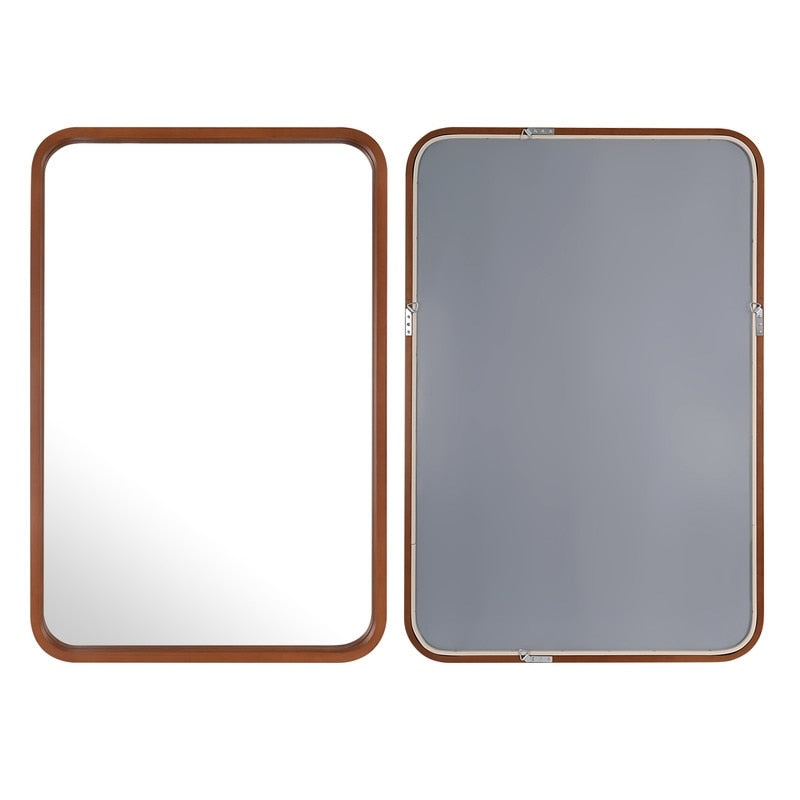Miroir mural rectangulaire d'angle rond avec cadre en bois massif