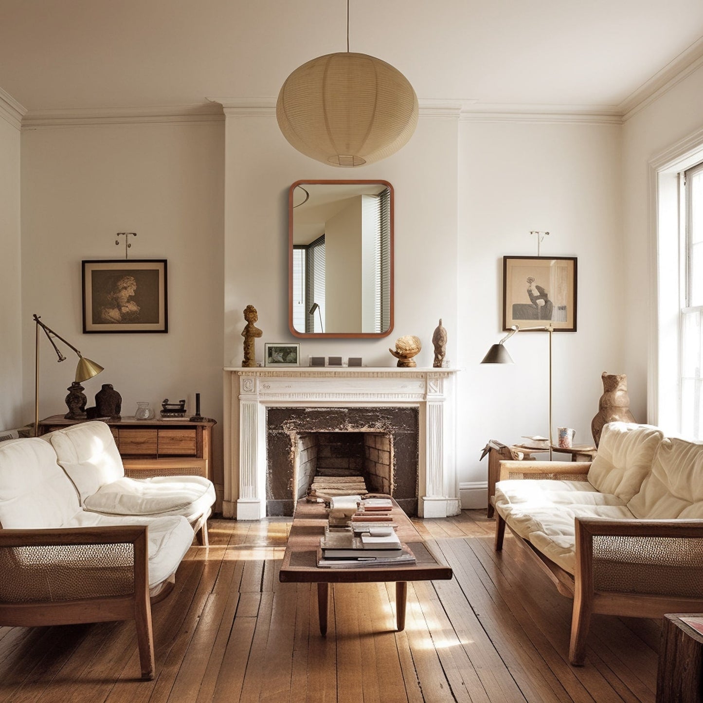 Miroir mural rectangulaire d'angle rond avec cadre en bois massif