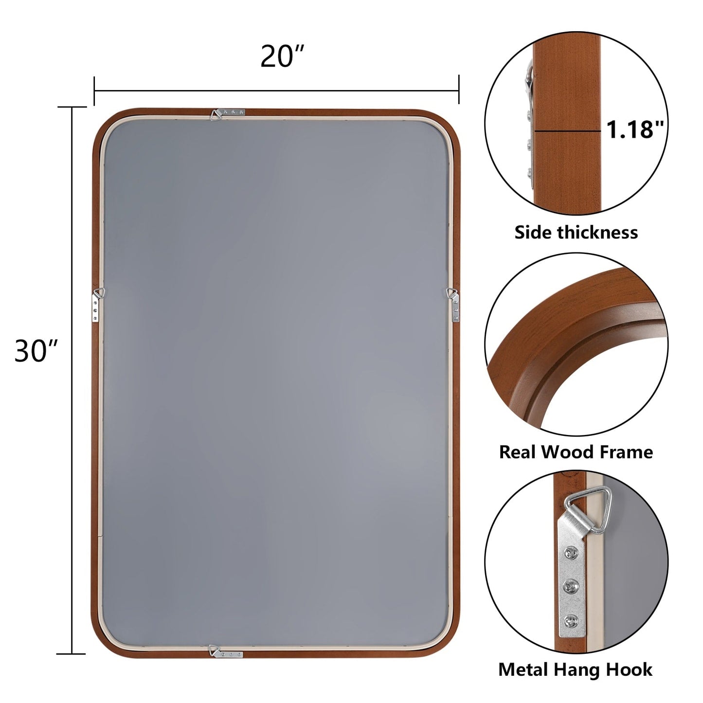 Miroir mural rectangulaire d'angle rond avec cadre en bois massif