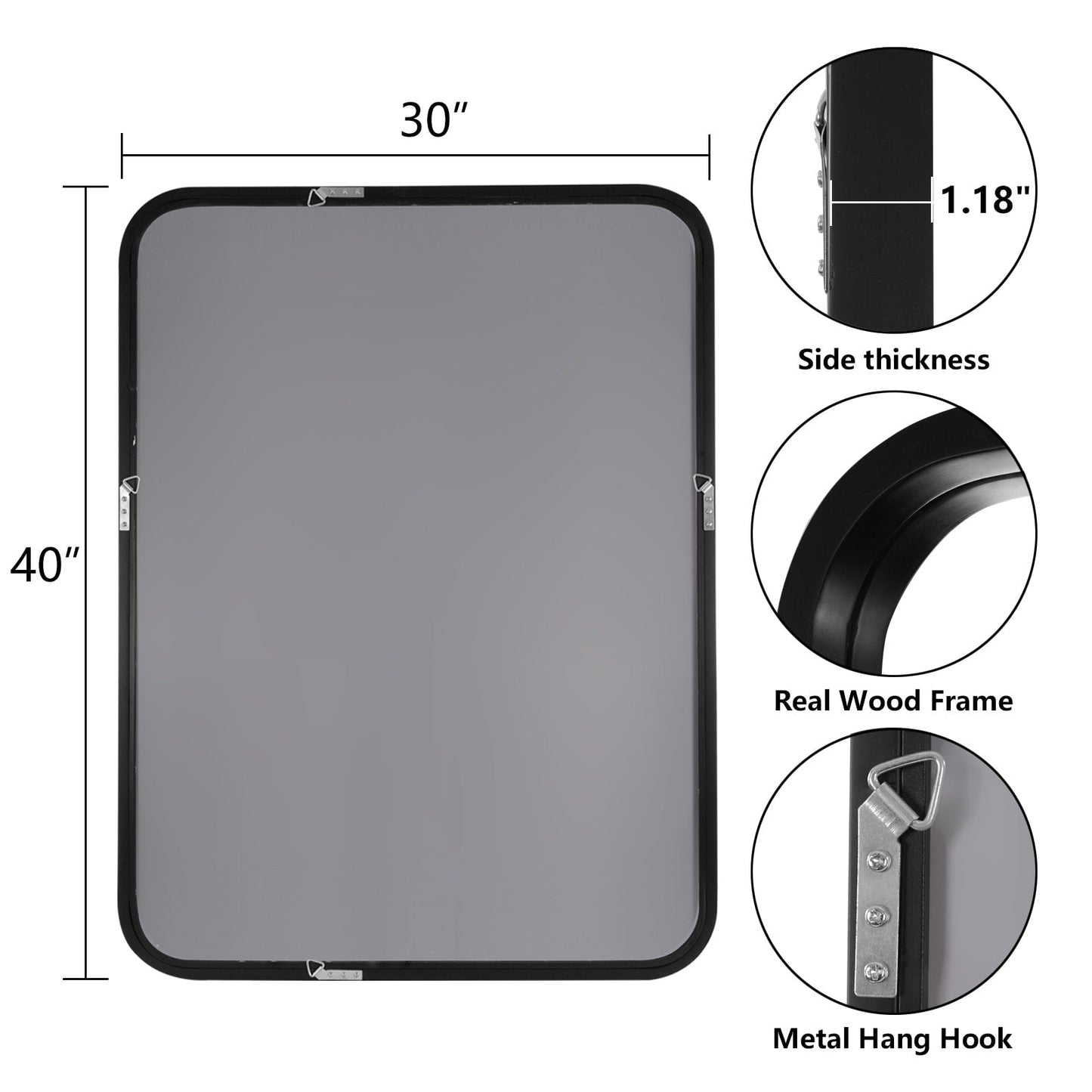 Miroir mural rectangulaire d'angle rond avec cadre en bois massif
