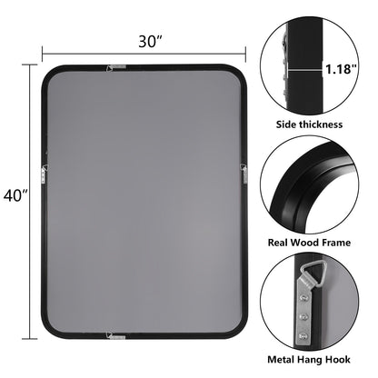 Miroir mural rectangulaire d'angle rond avec cadre en bois massif