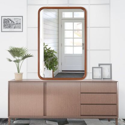 Miroir mural rectangulaire d'angle rond avec cadre en bois massif