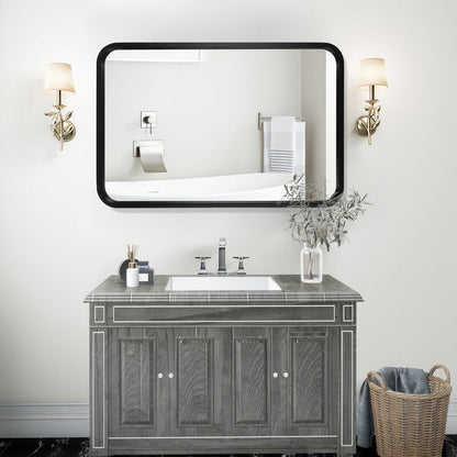 Miroir mural rectangulaire d'angle rond avec cadre en bois massif