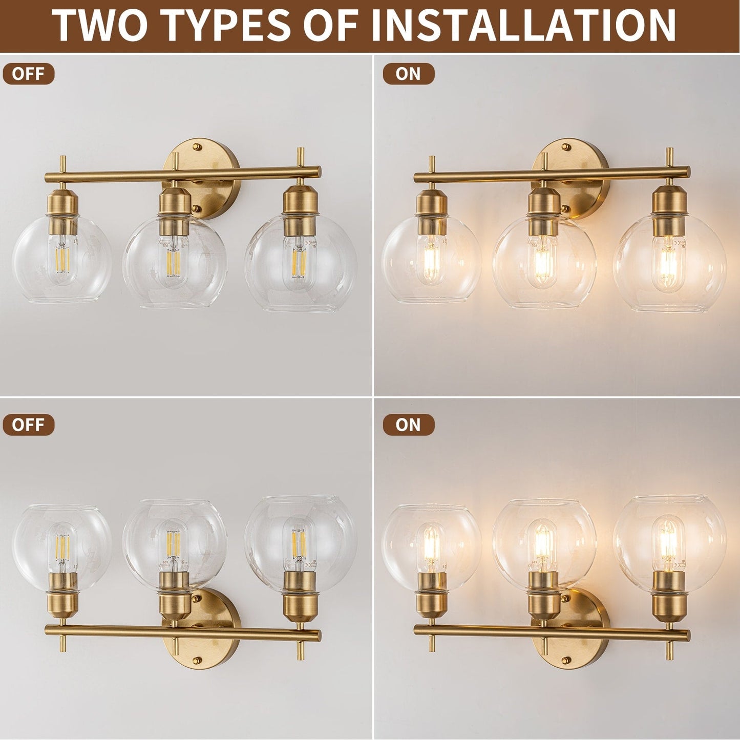 Applique de salle de bain moderne Starsky à 4 lumières et intensité variable avec abat-jour en verre globe