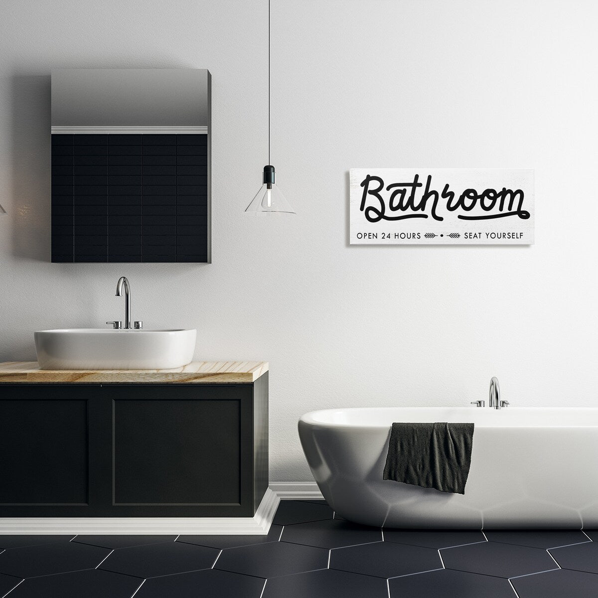 Stupell - Panneau de salle de bain « Asseyez-vous » - Art mural minimaliste sur toile noir et blanc