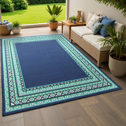 Tapis d'intérieur/extérieur Style Haven Martinque à bordure verte bleu marine ~
