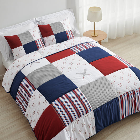 Ensemble de couette 3 pièces pour garçon, collection sport, motif baseball rouge, blanc et bleu, taille double/queen