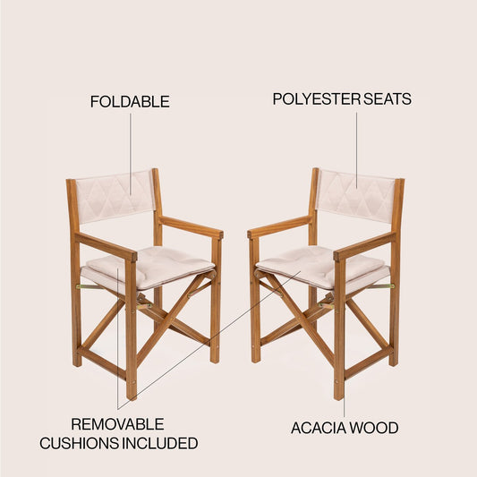Chaise de réalisateur d'extérieur pliable en bois d'acacia, style Mid-Century, avec dossier matelassé en losanges et coussin, lot de 2 par JONATHAN Y