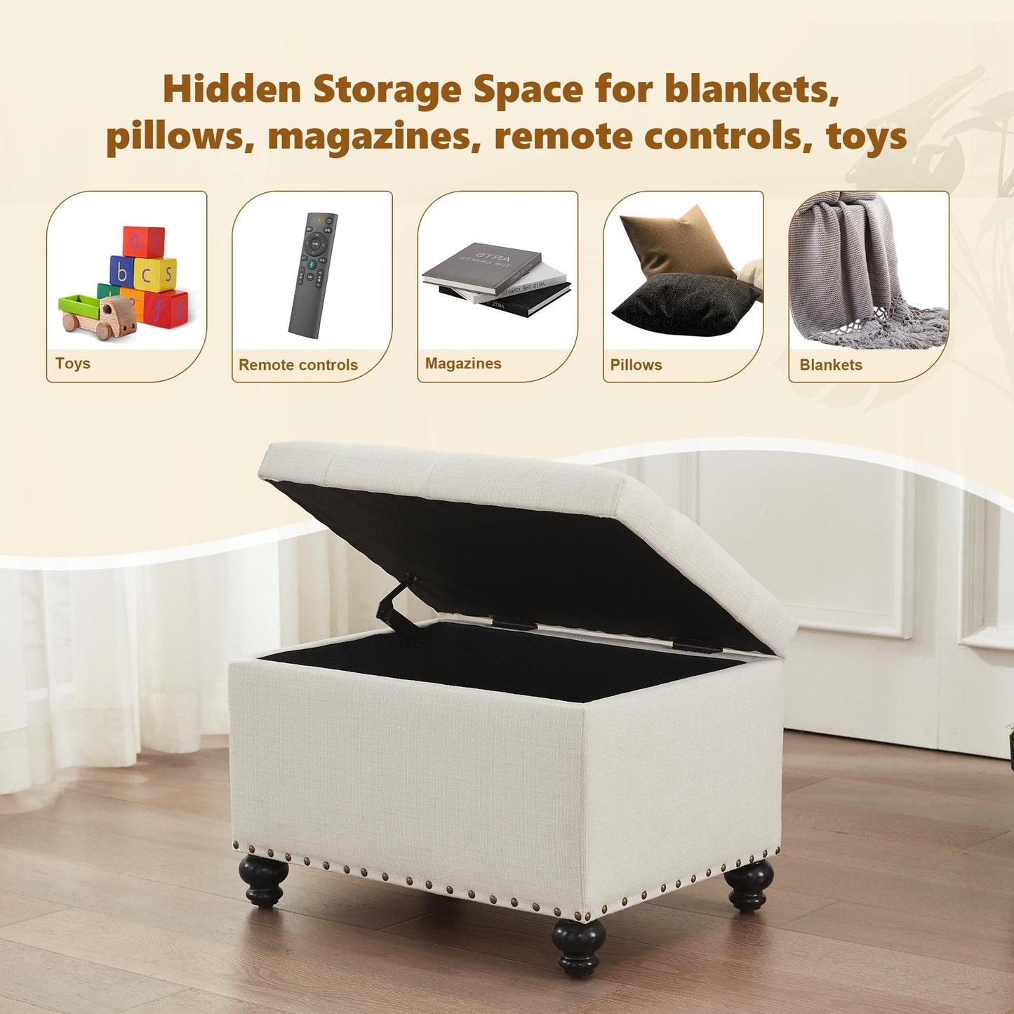 Banc ottoman de rangement capitonné, repose-pieds rectangulaire