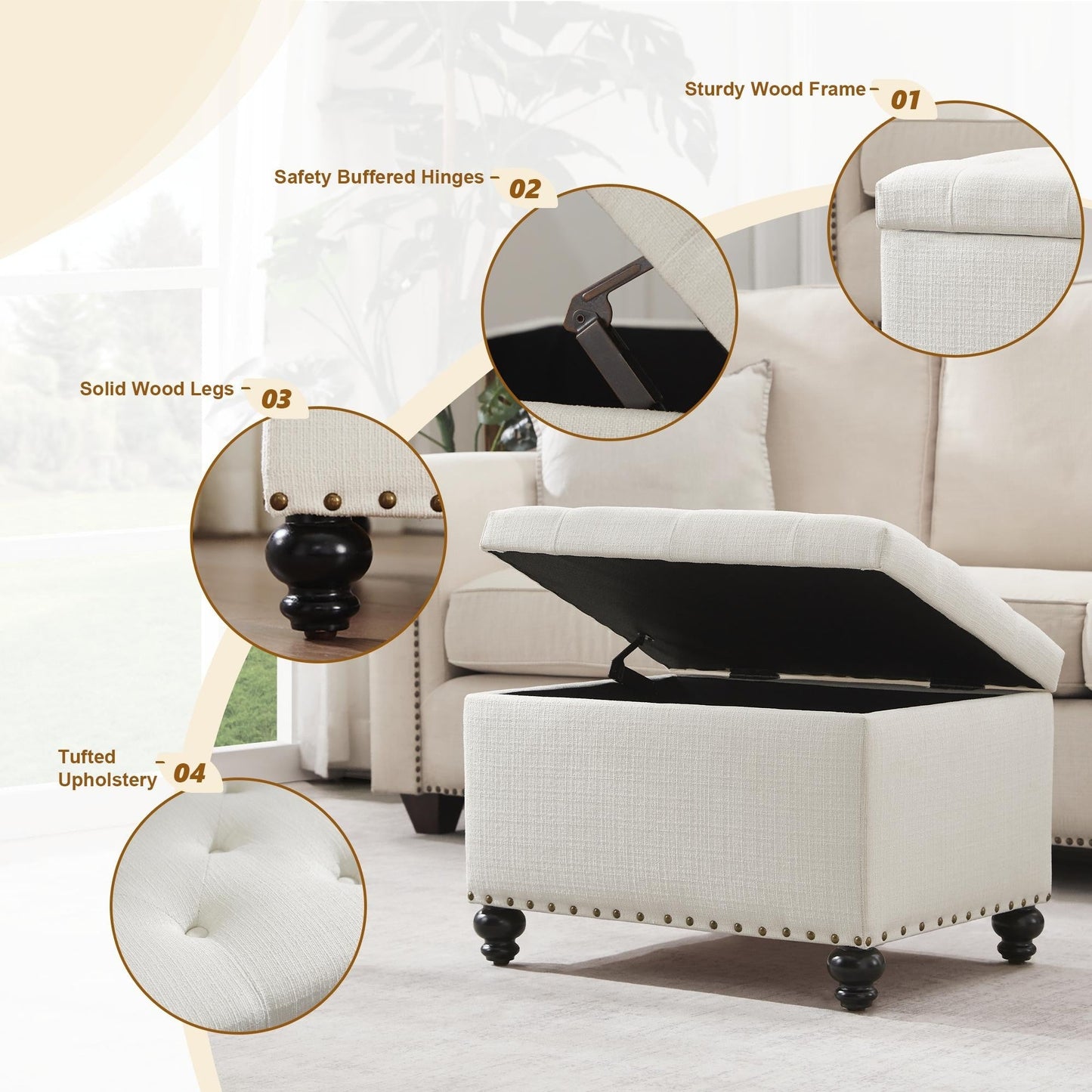 Banc ottoman de rangement capitonné, repose-pieds rectangulaire