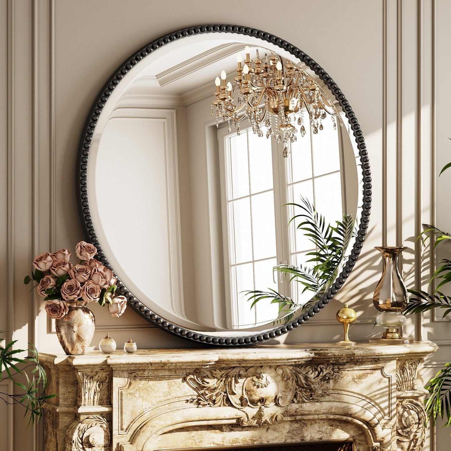 Miroir de salle de bain rond vintage avec cadre perlé