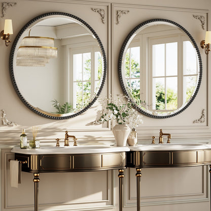 Miroir de salle de bain rond vintage avec cadre perlé