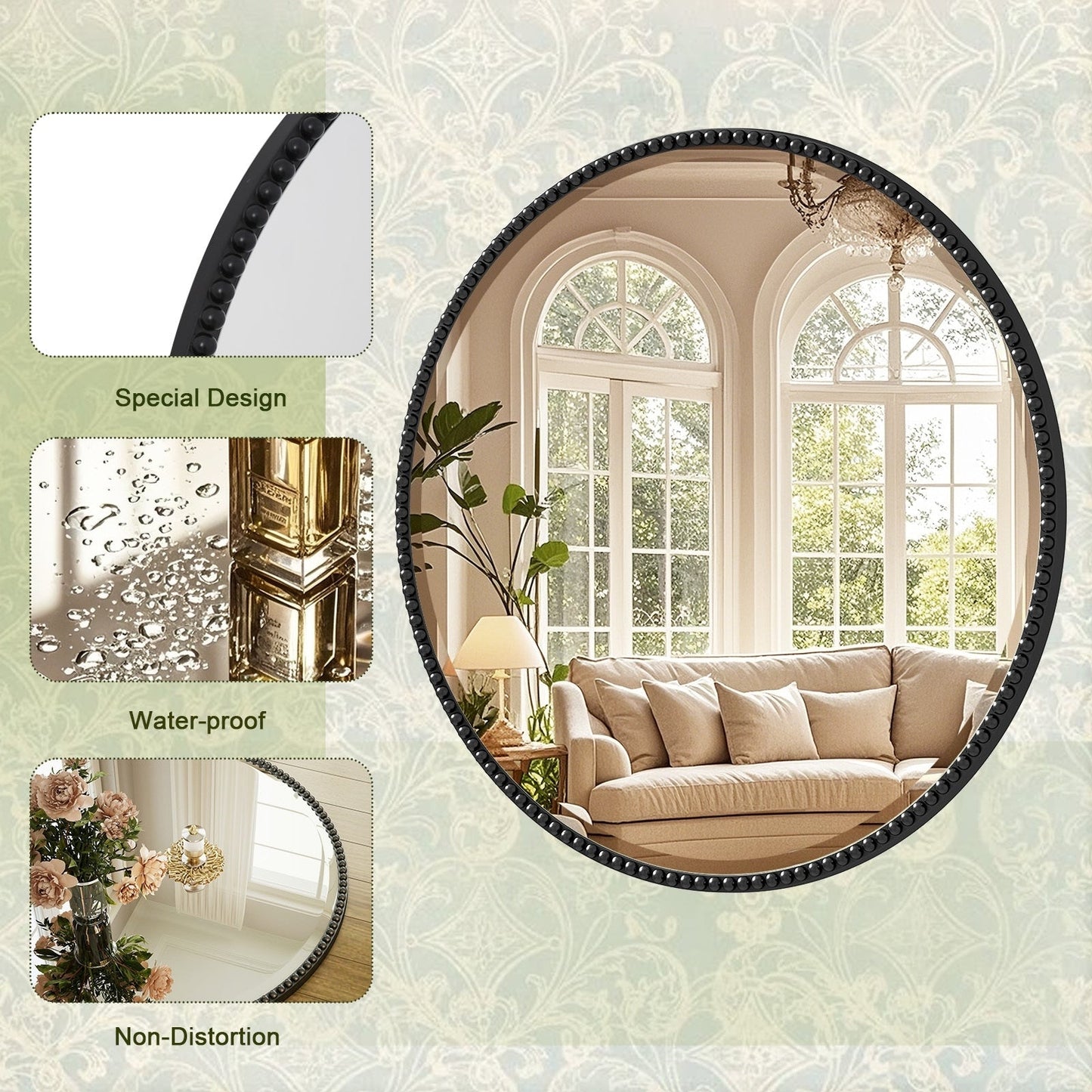 Miroir de salle de bain rond vintage avec cadre perlé