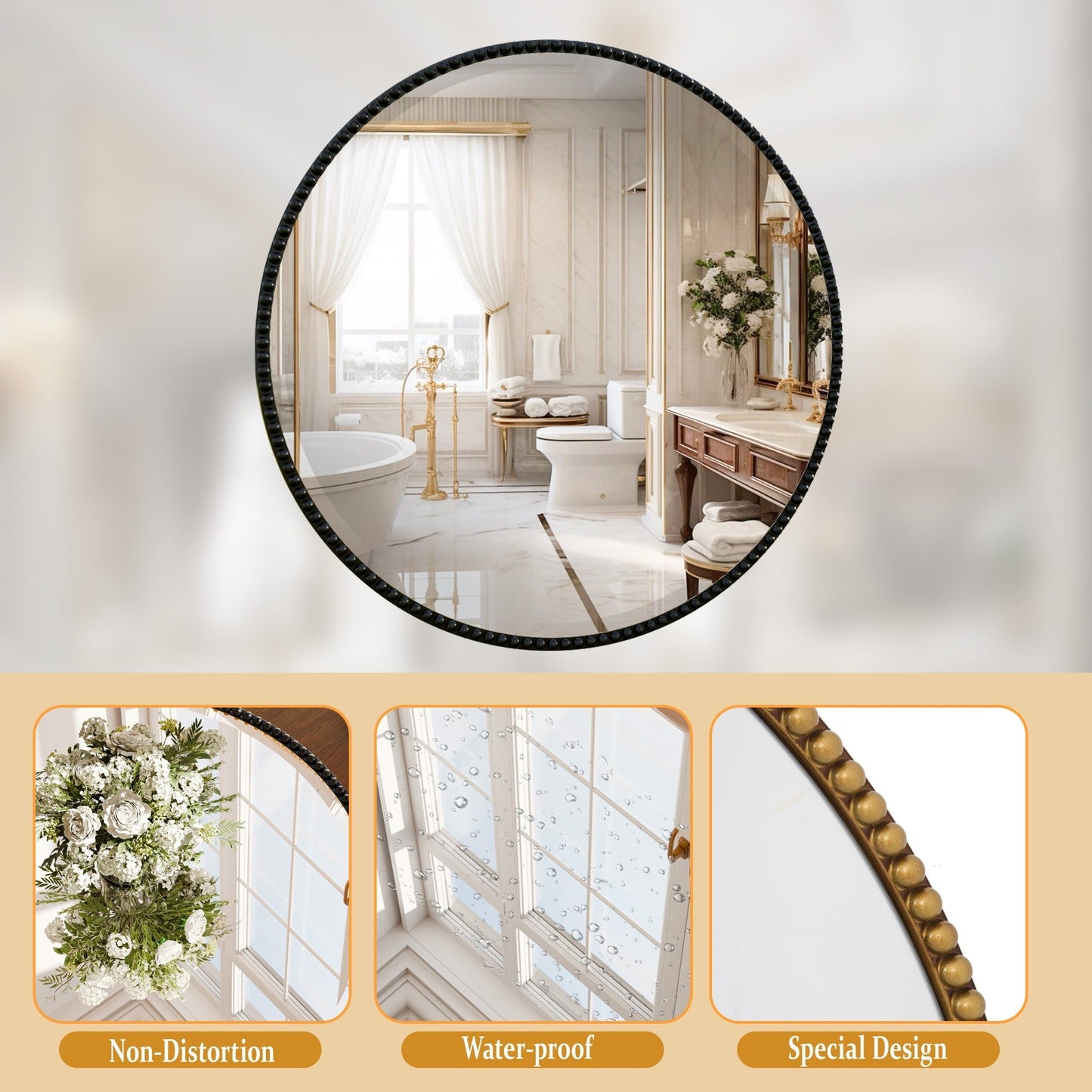 Miroir de salle de bain rond vintage avec cadre perlé