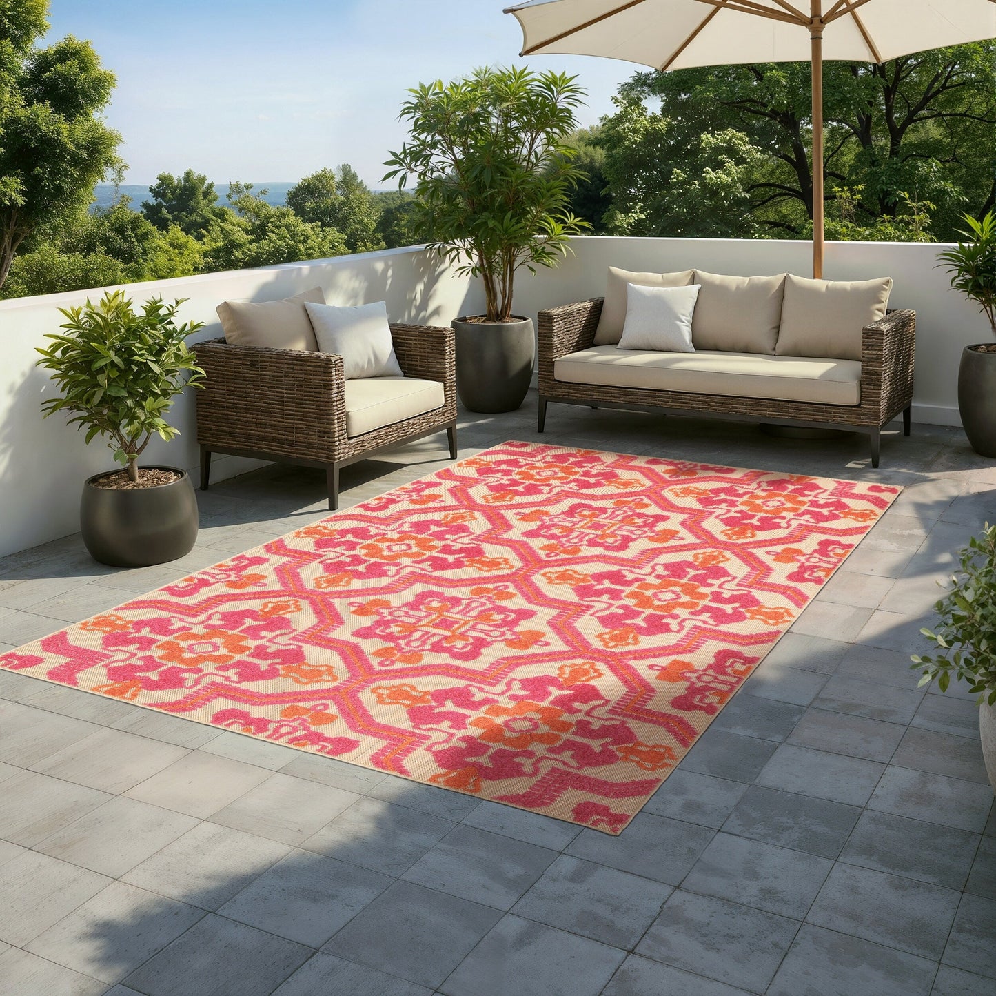 Tapis d'intérieur et d'extérieur Vista Home Capri à poils mixtes rose/orange à motif floral.
