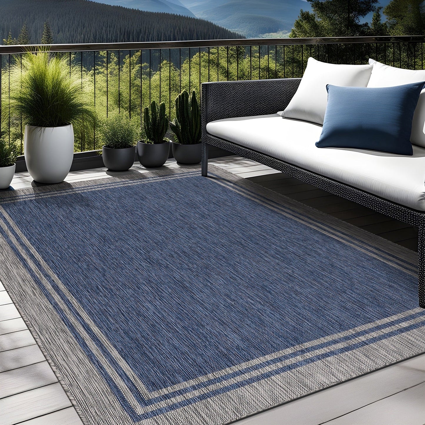 Tapis d'intérieur et d'extérieur lavable à bordures pour patio, terrasse et porche