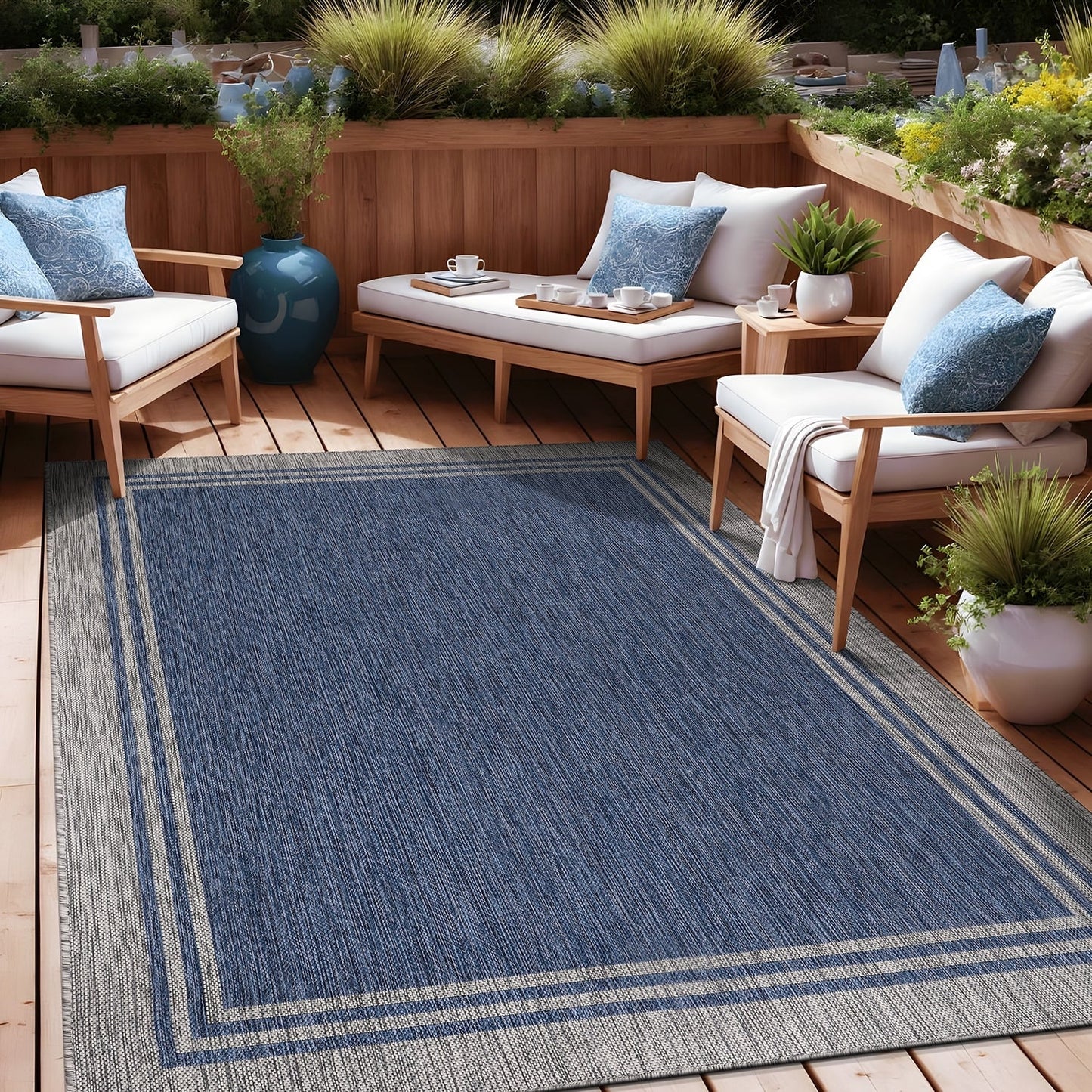 Tapis d'intérieur et d'extérieur lavable à bordures pour patio, terrasse et porche