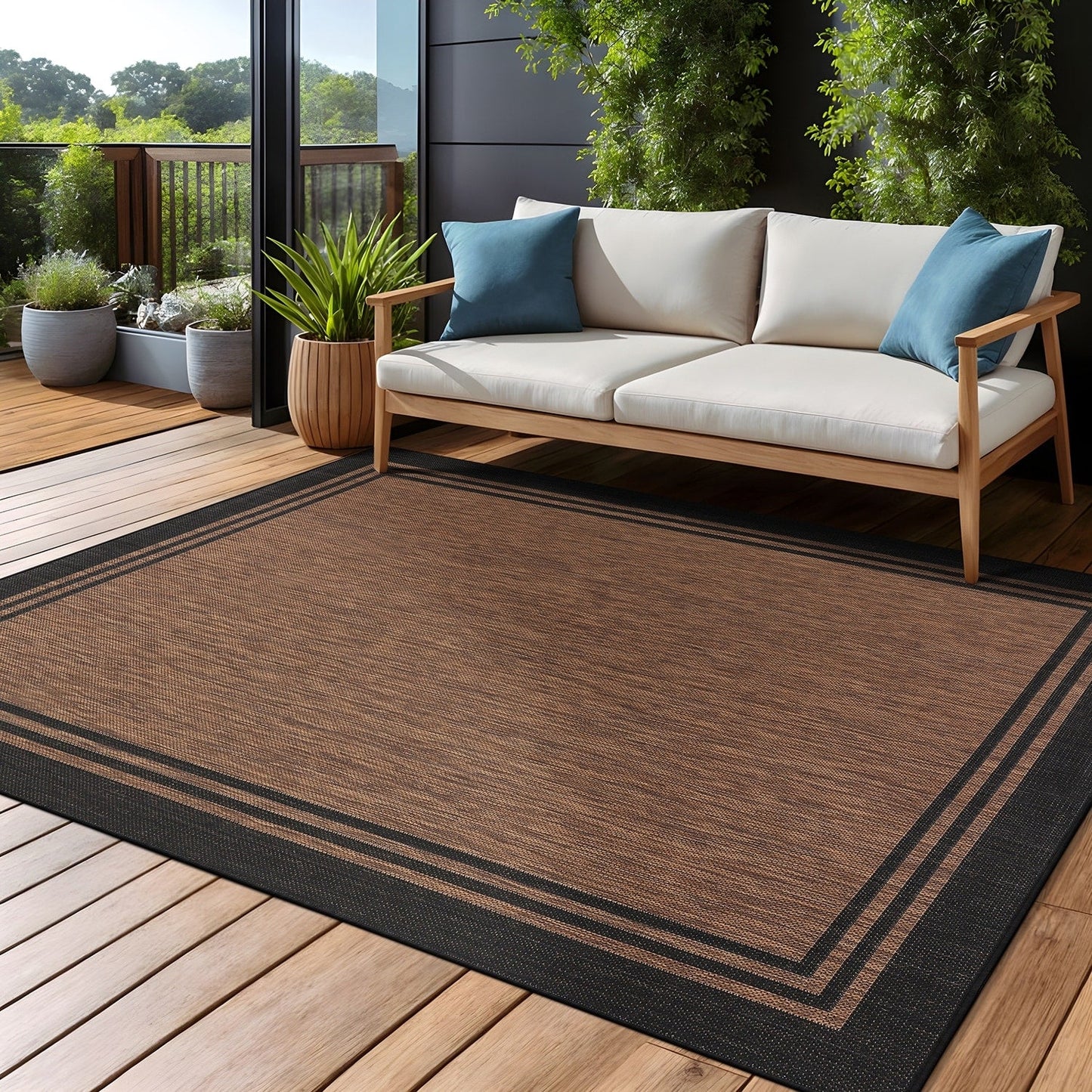 Tapis d'intérieur et d'extérieur lavable à bordures pour patio, terrasse et porche