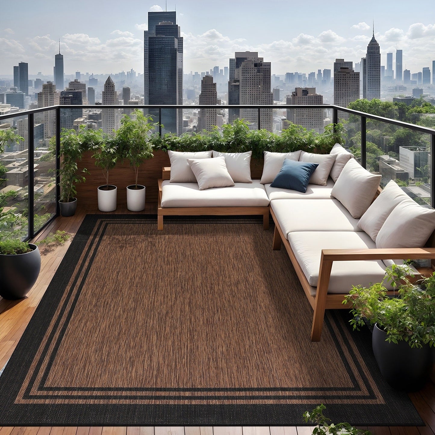 Tapis d'intérieur et d'extérieur lavable à bordures pour patio, terrasse et porche