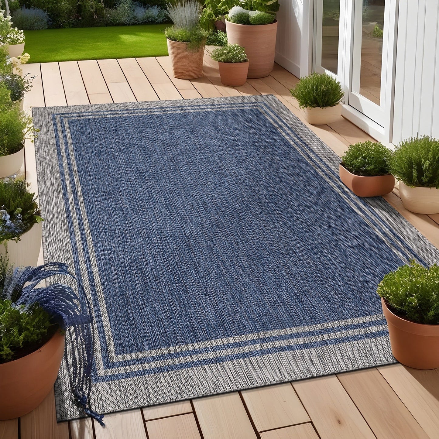 Tapis d'intérieur et d'extérieur lavable à bordures pour patio, terrasse et porche